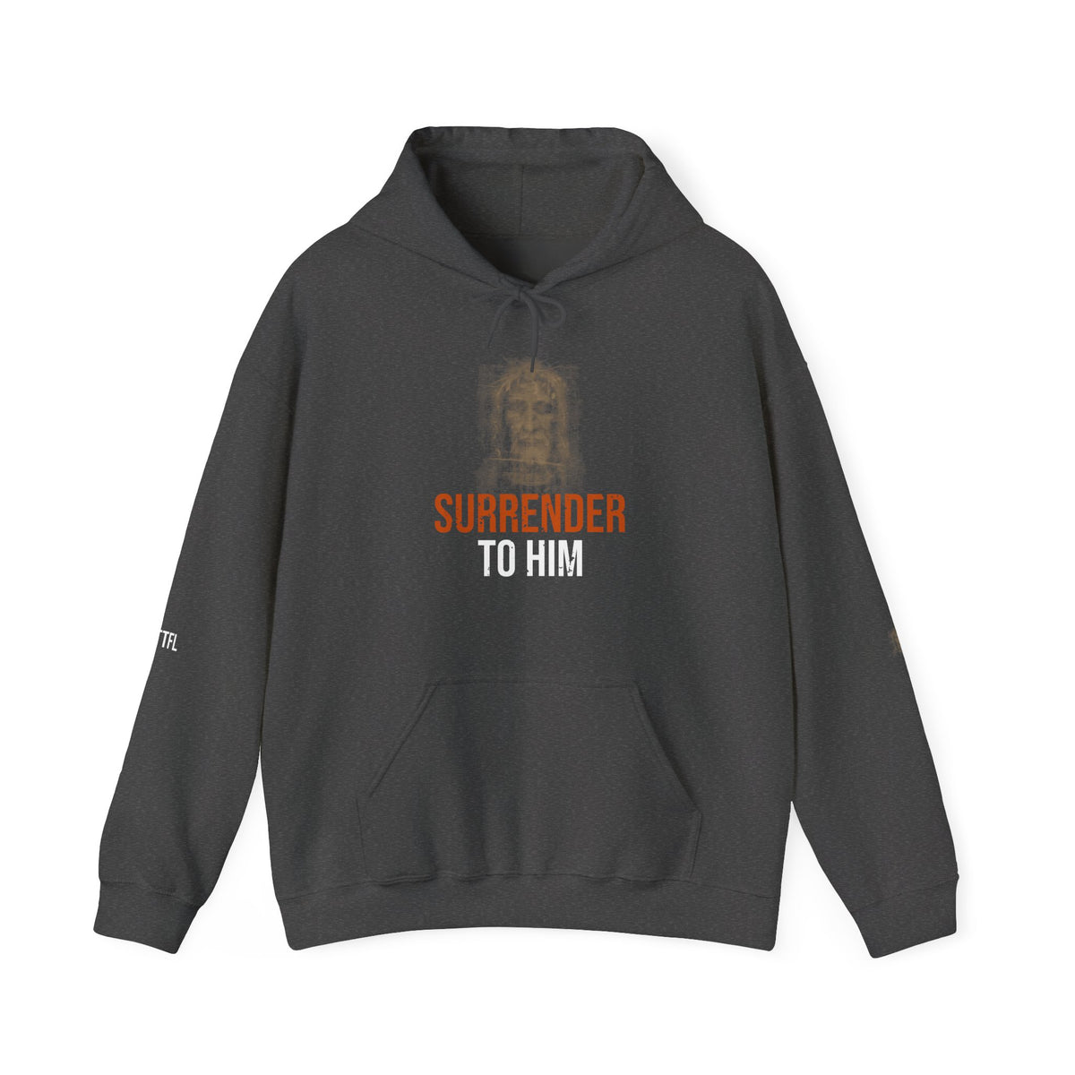 Surrender To Him Hoodie — Shroud, Orange Text — motivational graphic hoodie by Get To The Finish Line (view 2)