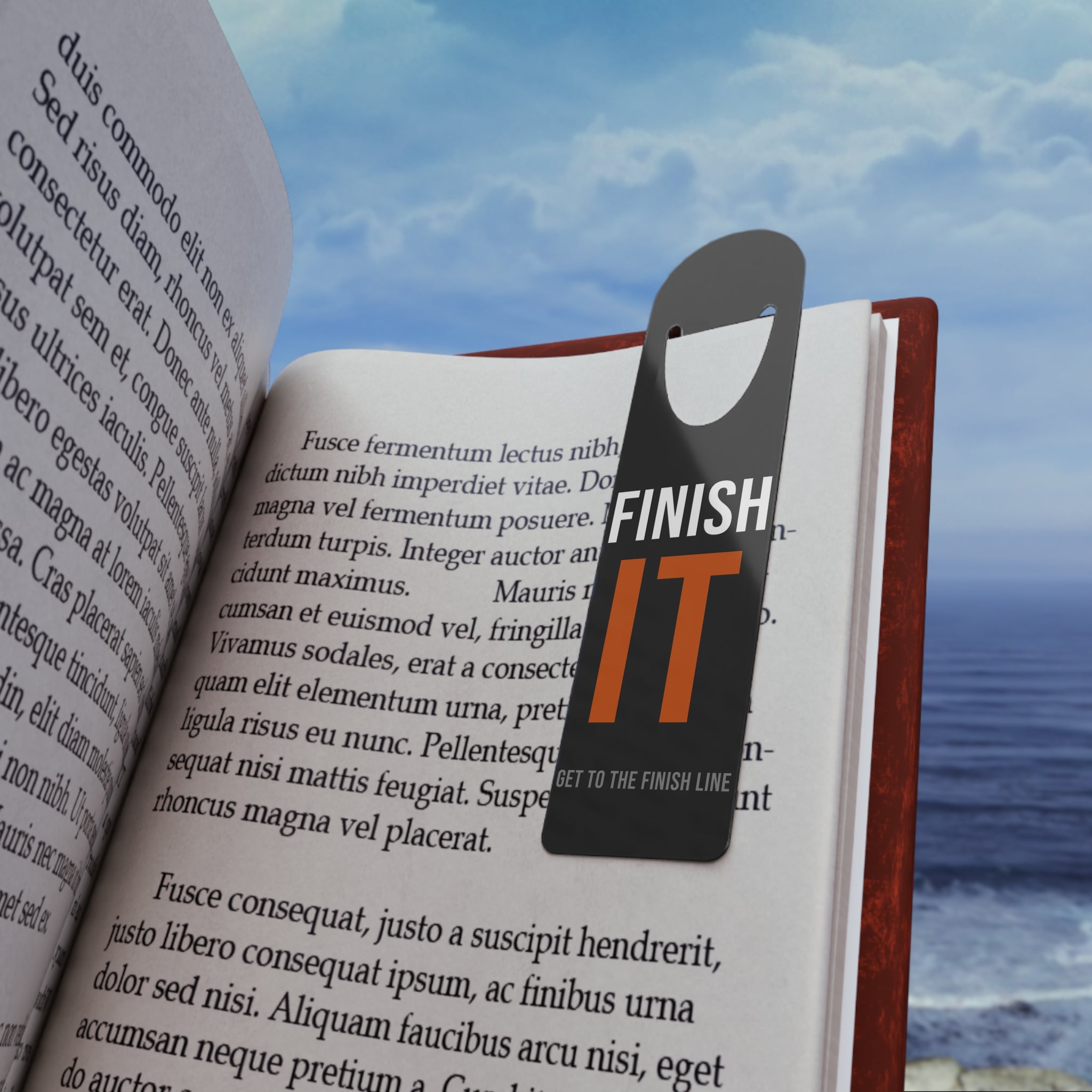 Finish It Bookmark — White/Orange — distressed motivational metal bookmark by Get To The Finish Line (view 4)