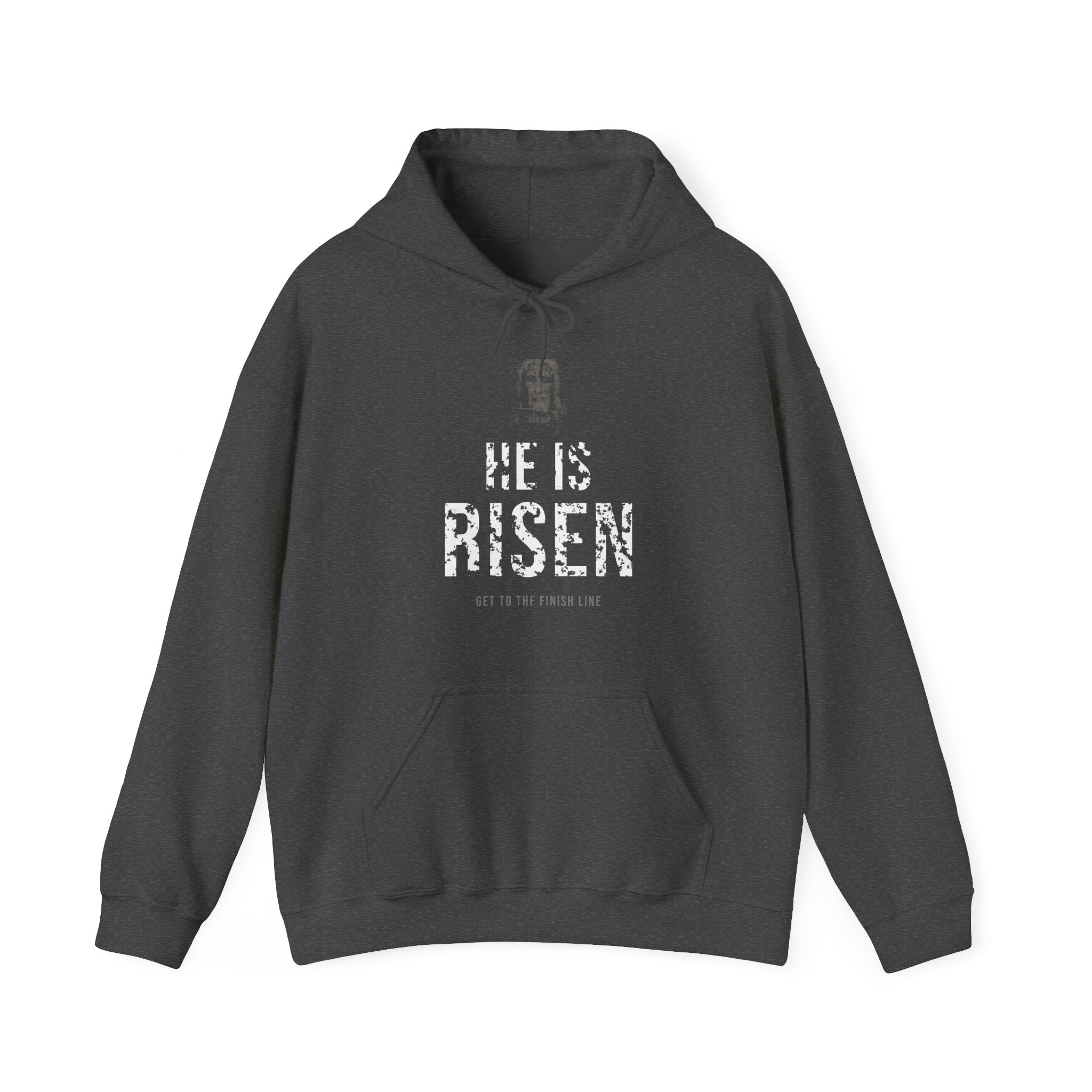 He Is Risen Hoodie — White — christian resurrection graphic hoodie by Get To The Finish Line (view 3)
