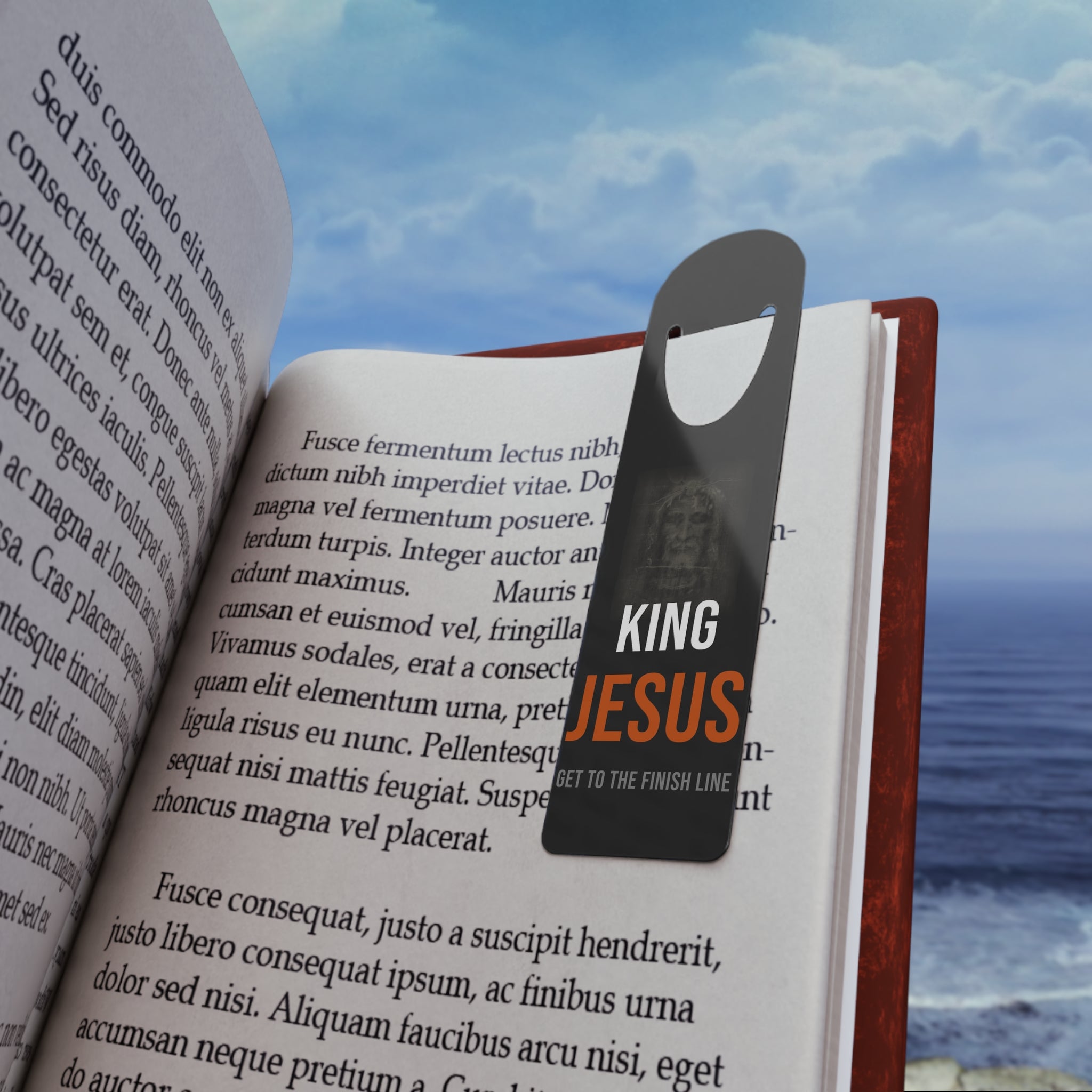 King Jesus Bookmark — White/Orange — christian metal bookmark by Get To The Finish Line (view 4)