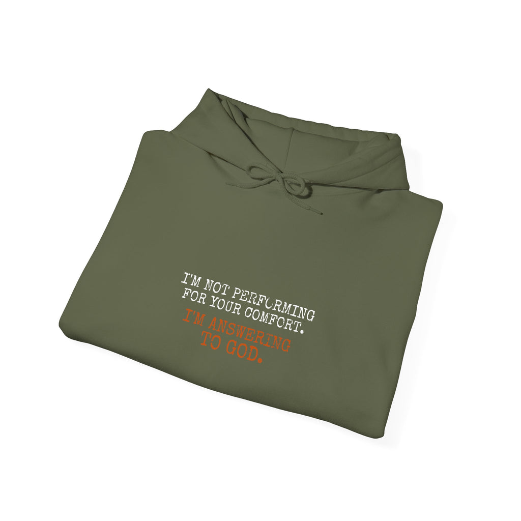 Answering To God Hoodie — White/Orange — bold christian statement graphic hoodie by Get To The Finish Line (view 10)