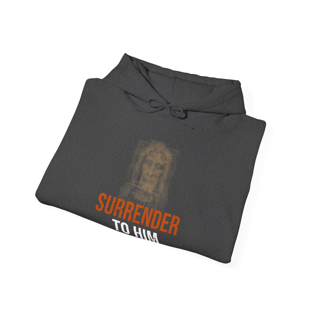 Surrender To Him Hoodie — Shroud, Orange Text — motivational graphic hoodie by Get To The Finish Line (view 9)