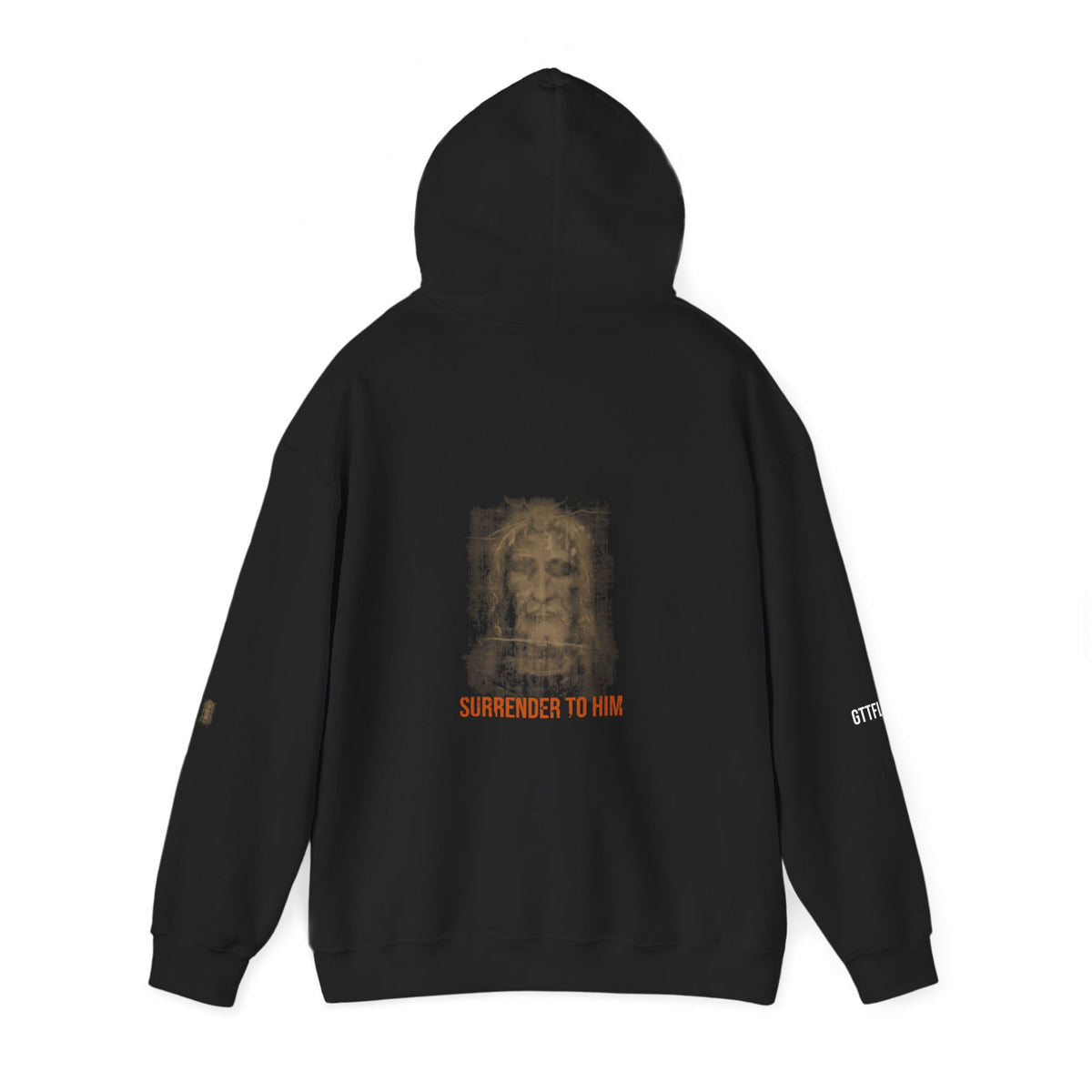 Surrender To Him Hoodie — Shroud, Orange Text — motivational graphic hoodie by Get To The Finish Line (view 5)