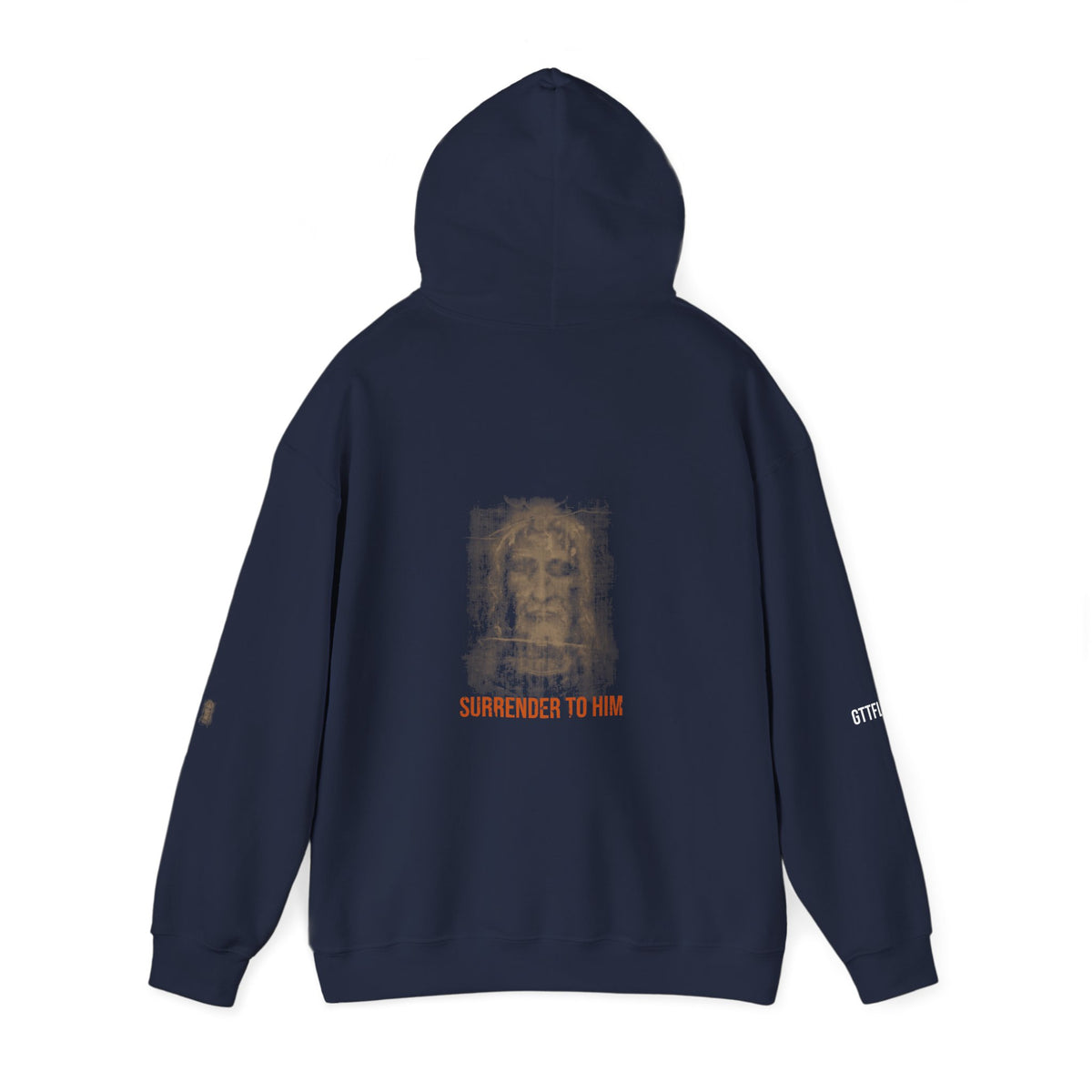 Surrender To Him Hoodie — Shroud, Orange Text — motivational graphic hoodie by Get To The Finish Line (view 11)