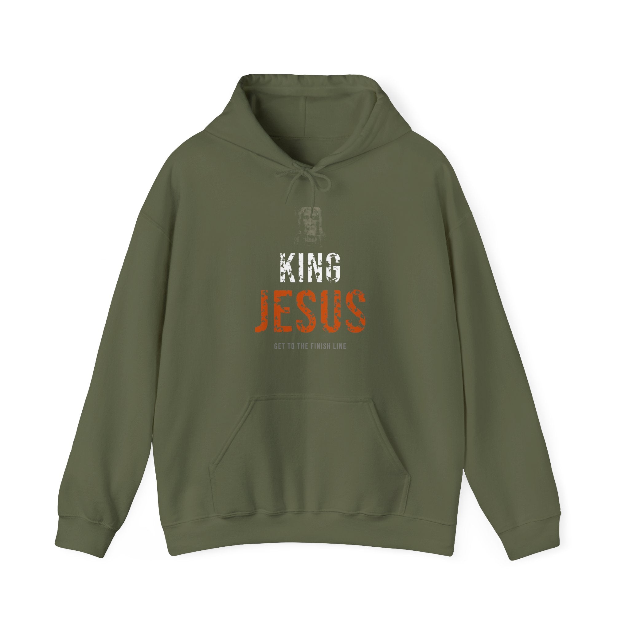 King Jesus Hoodie — White/Orange — christian graphic hoodie by Get To The Finish Line (view 2)