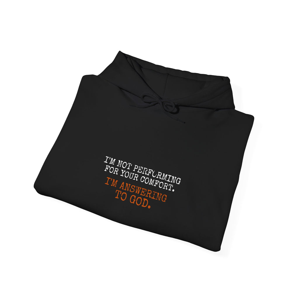 Answering To God Hoodie — White/Orange — bold christian statement graphic hoodie by Get To The Finish Line (view 7)