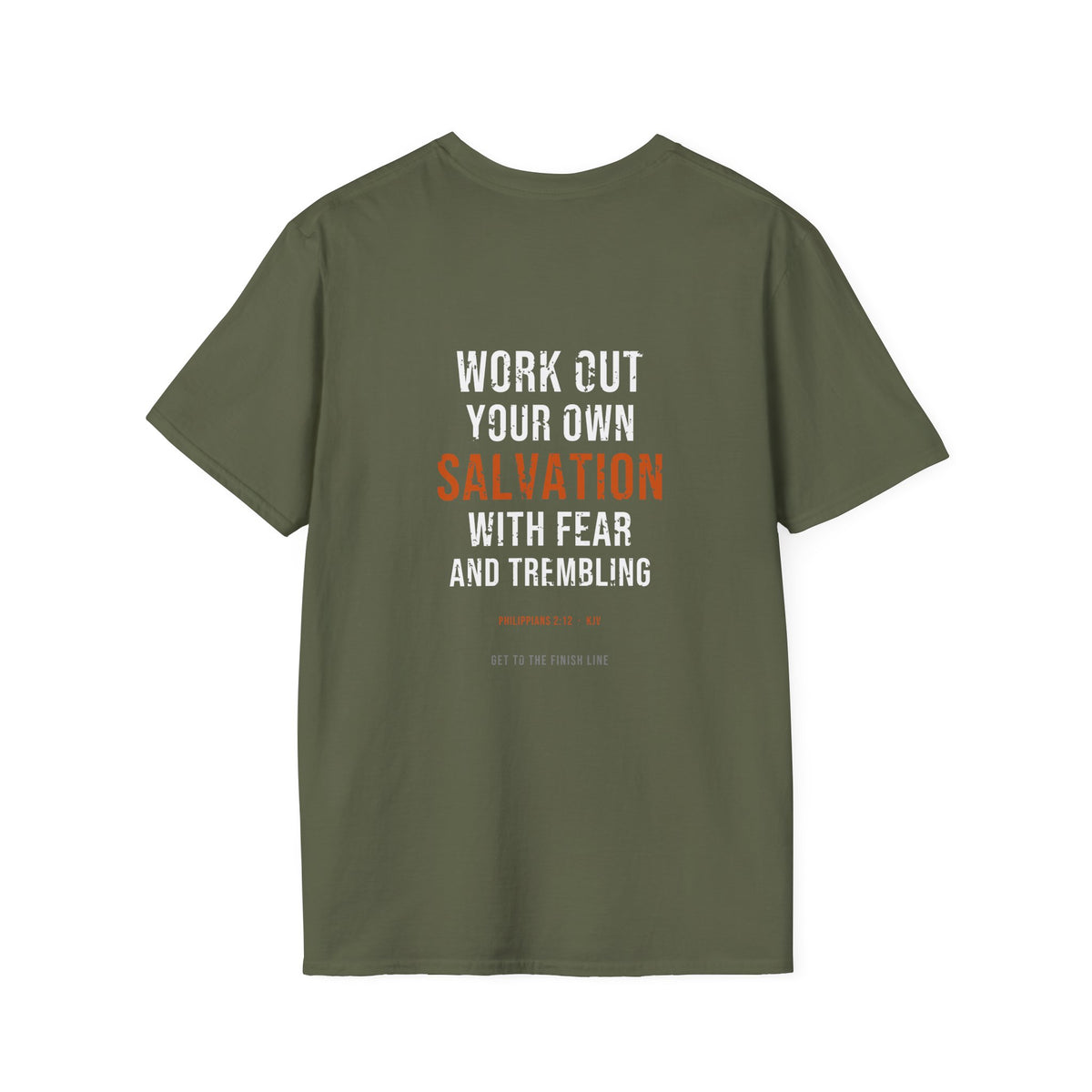 Work Out Your Own Salvation Tee — Philippians 2:12 KJV — KJV Bible verse graphic tee by Get To The Finish Line (view 16)