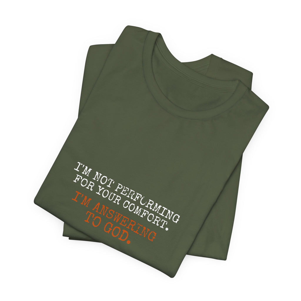 Answering To God Tee — White/Orange — bold christian statement graphic tee by Get To The Finish Line (view 9)