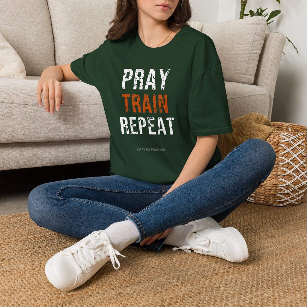 Pray Train Repeat Tee — christian fitness graphic tee by Get To The Finish Line (view 17)