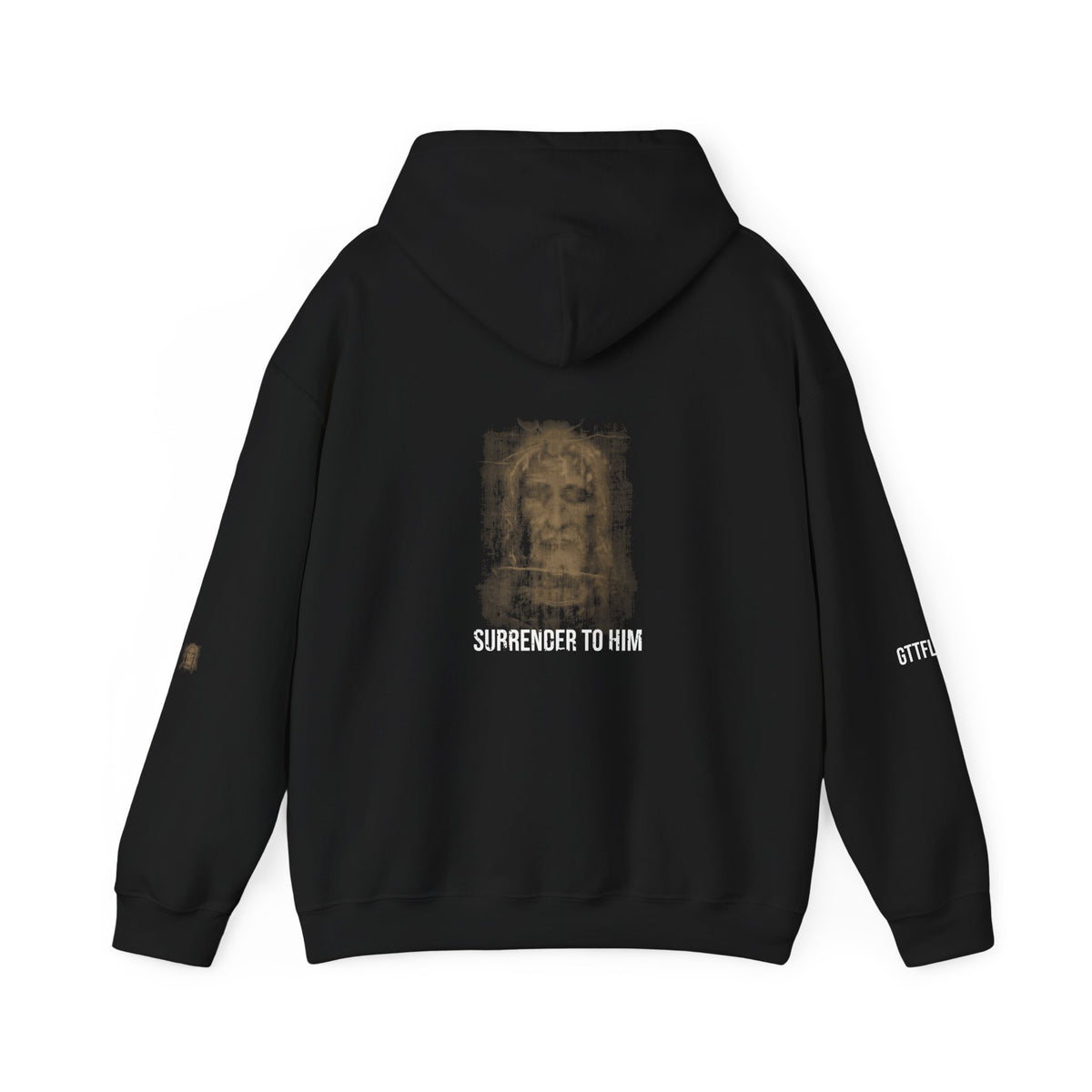 Surrender To Him Hoodie — Shroud, White Text — motivational graphic hoodie by Get To The Finish Line (view 4)