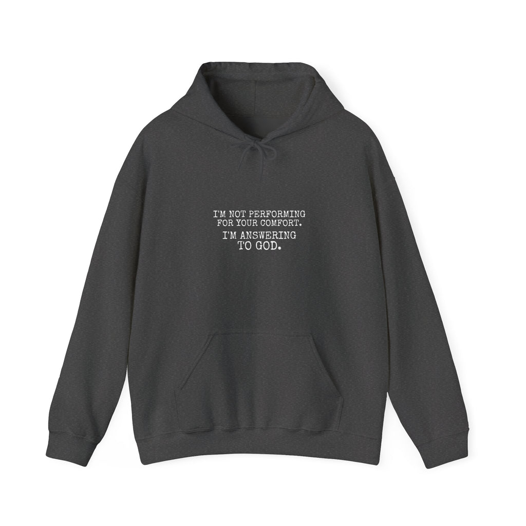 Answering To God Hoodie — White — bold christian statement graphic hoodie by Get To The Finish Line (view 3)