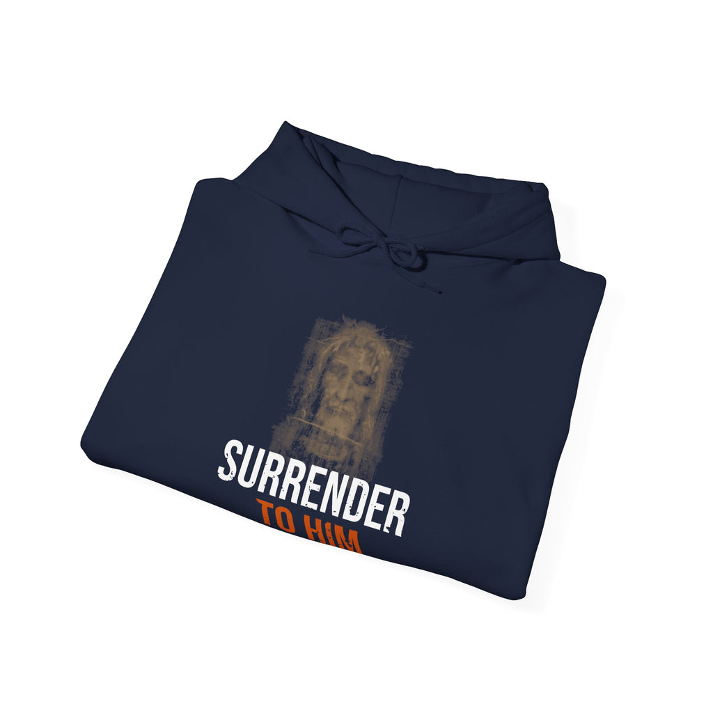 Surrender To Him Hoodie — Shroud, White Text — motivational graphic hoodie by Get To The Finish Line (view 12)