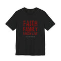 Faith Family Finish Line Tee — Blood Red — christian family values graphic tee by Get To The Finish Line