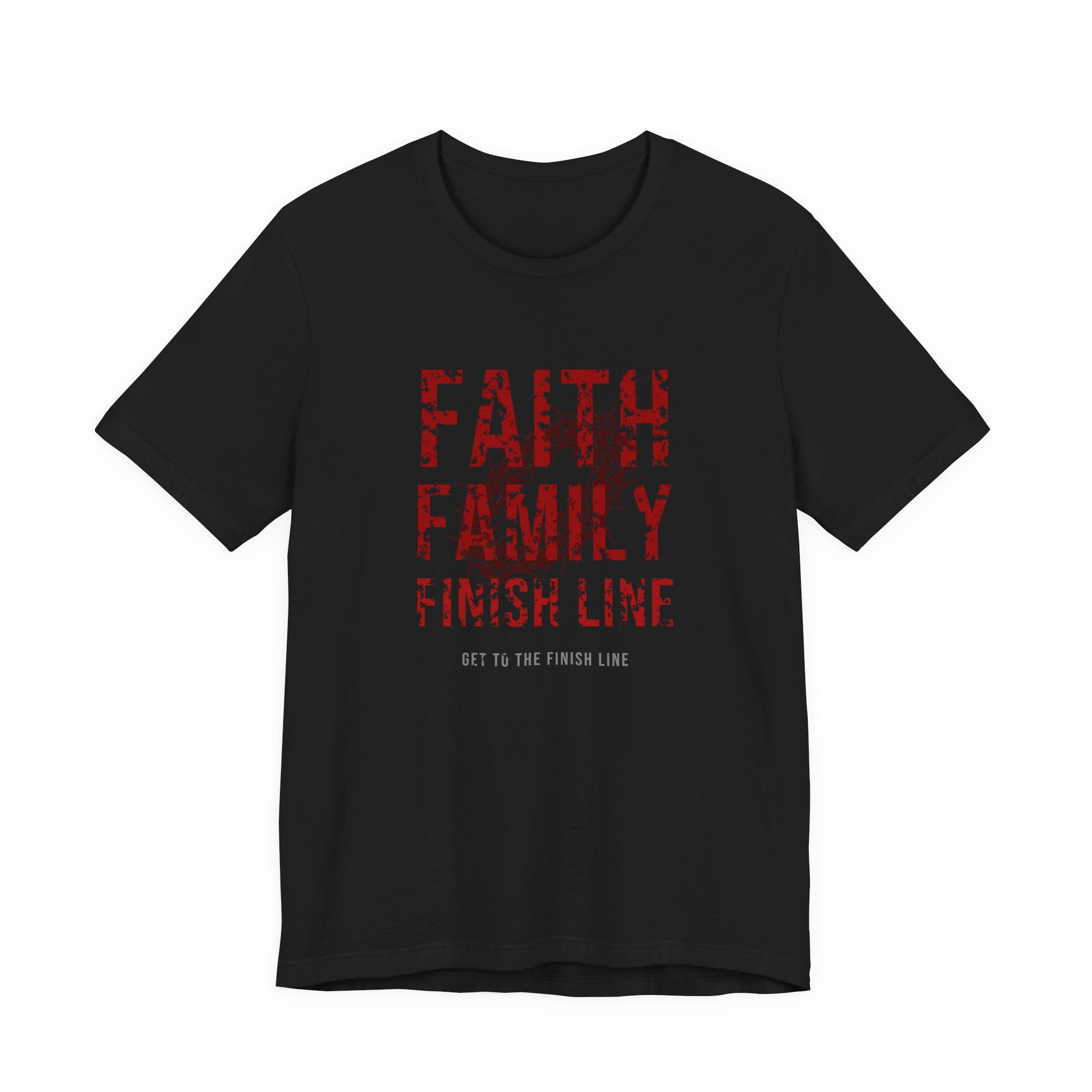 Faith Family Finish Line Tee — Blood Red — christian family values graphic tee by Get To The Finish Line