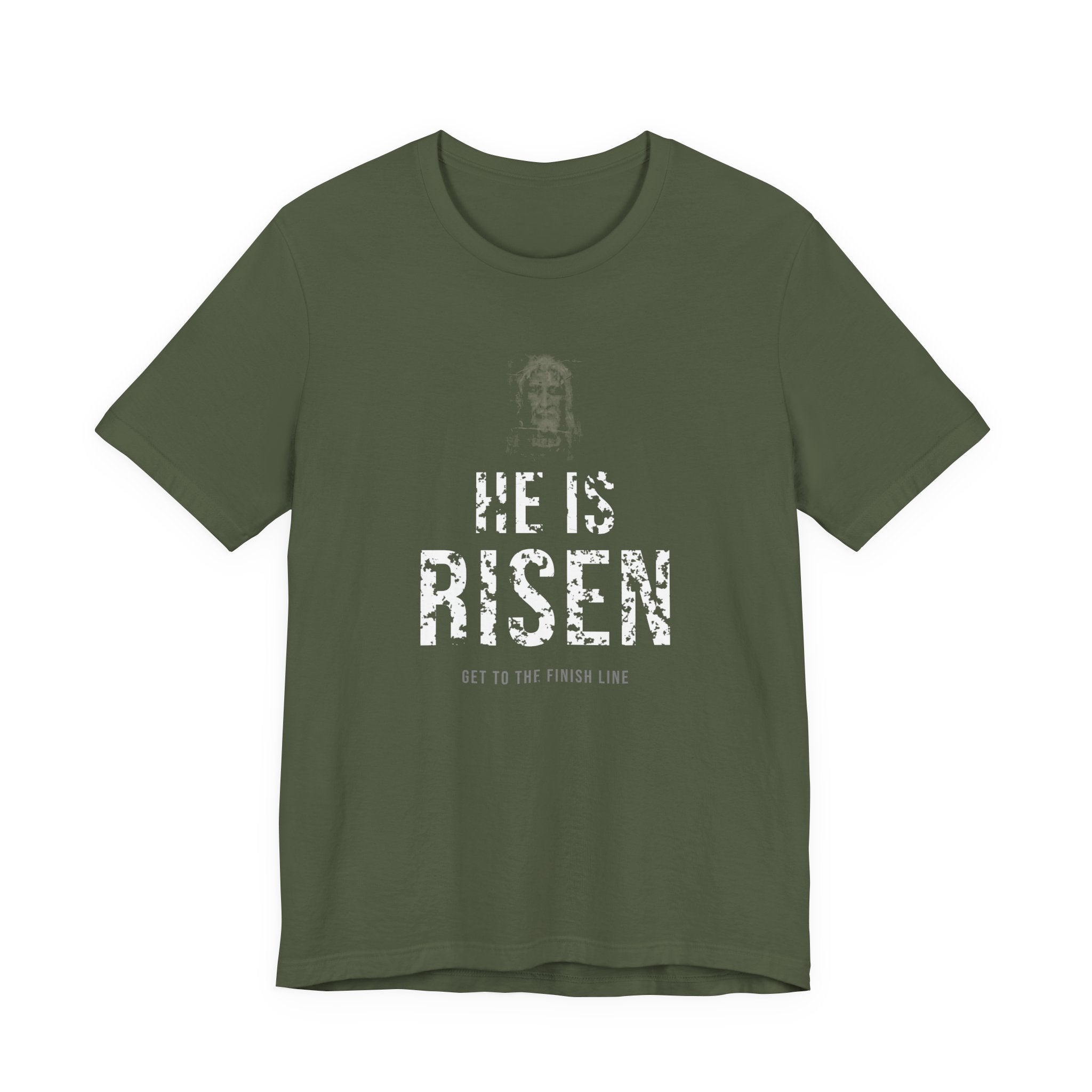 He Is Risen Tee — White — christian resurrection graphic tee by Get To The Finish Line (view 2)